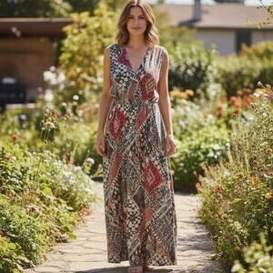 Susan Lawrence Brown Orange Geometric Maxi Dress Sz 2X Stretchy V Neck